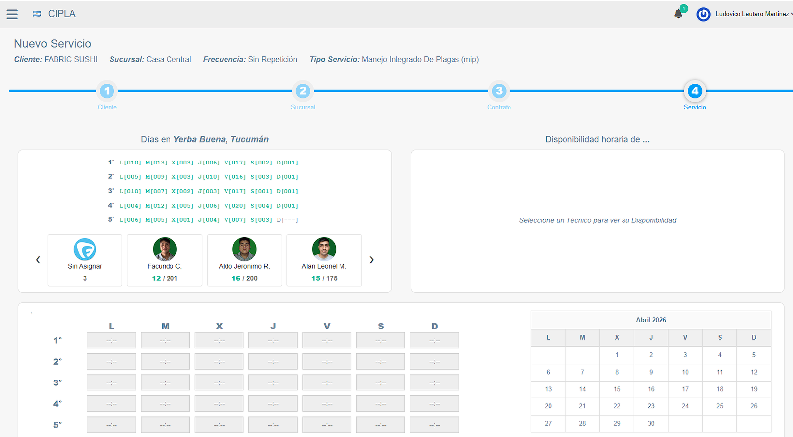 Pantalla del sistema de asignación de servicios CIPLA